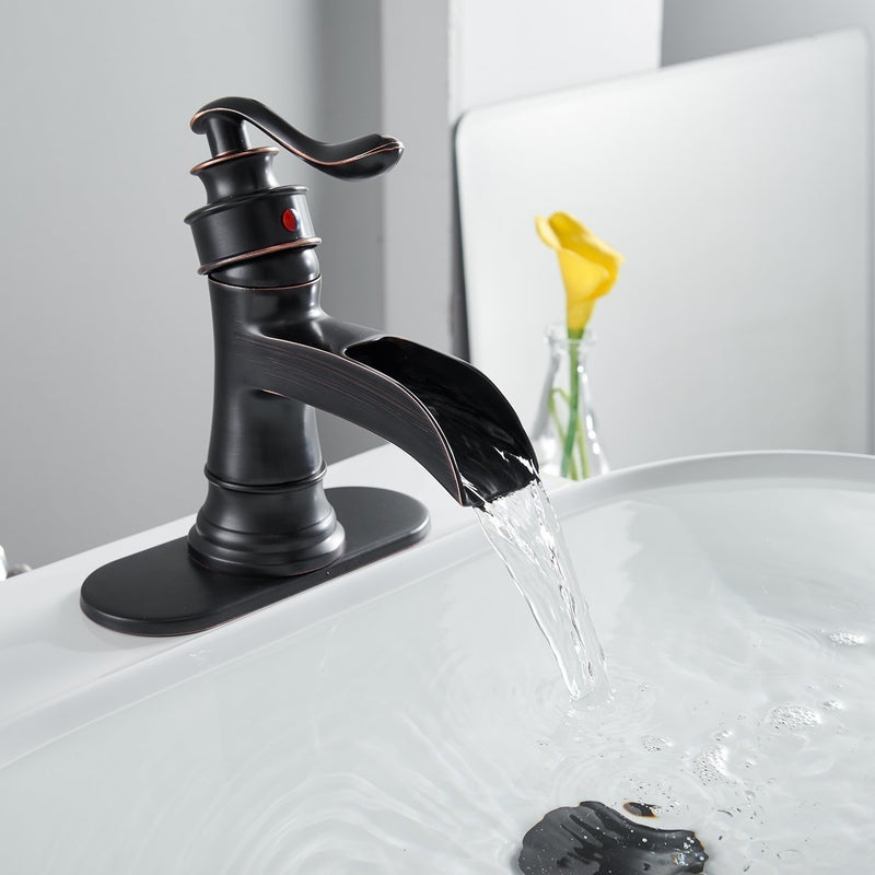 BATHFINESSE Waterfall Bathroom Faucet 1 Hole Oil Rubbed Bronze Bathroom Sink Faucets Farmhouse Lavatory Vanity Bath Deck Mount Single-Handle One Hole Mixer Tap with Pop Up Drain Supply Lines Hose by Bathfinesse - Image 2